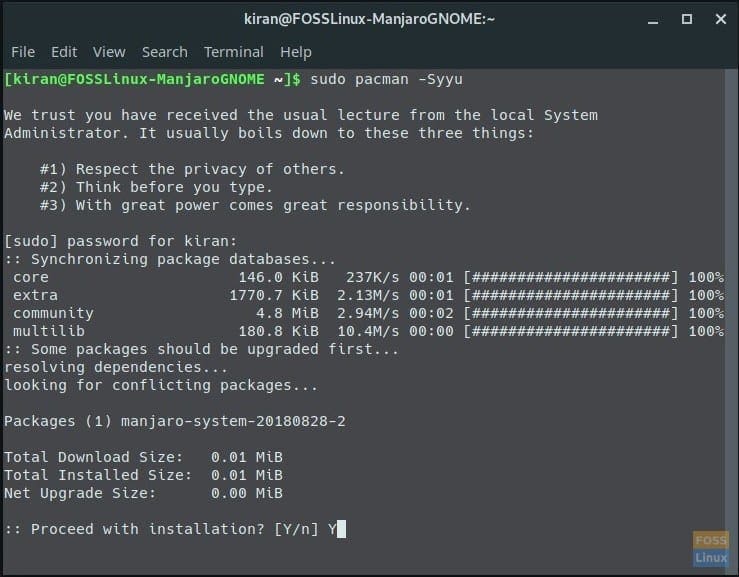 Update Manjaro GNOME via Terminal