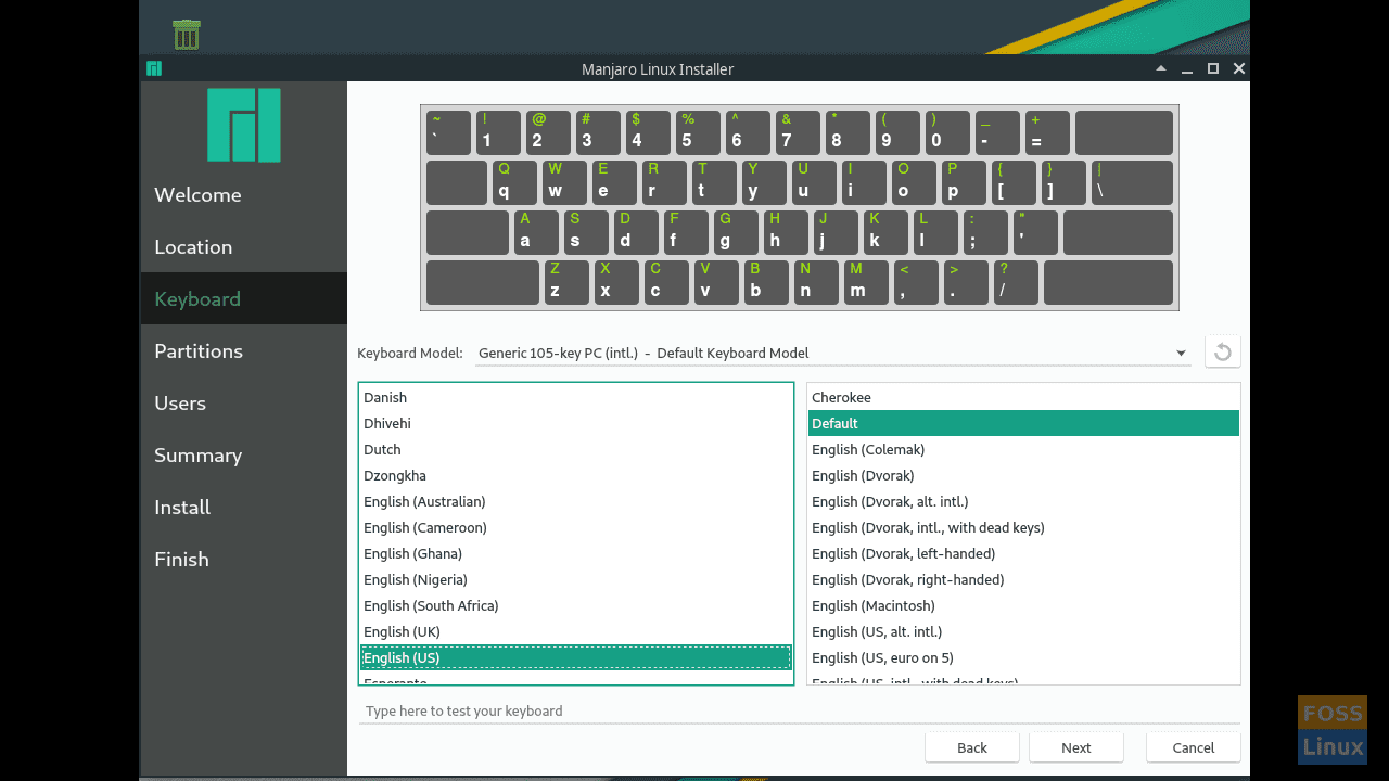 Manjaro Linux 18.0.4 "Illyria" Installer - Select your desired keyboard settings