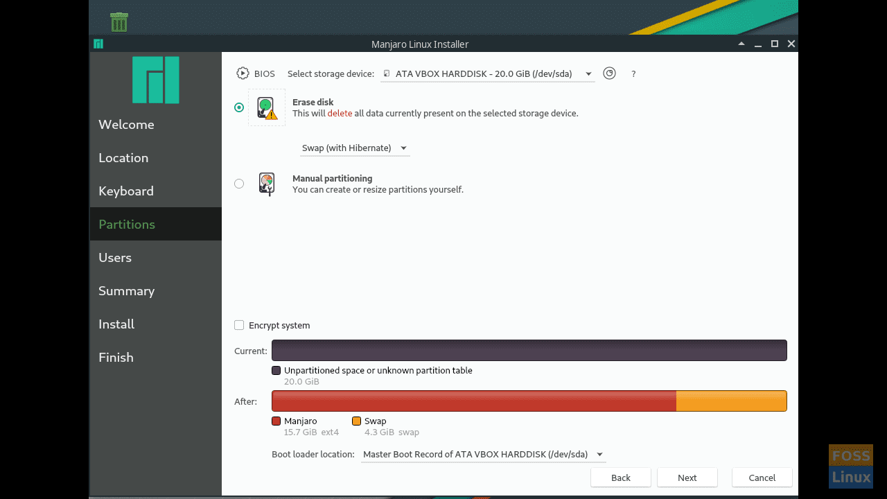 Manjaro Linux 18.0.4 "Illyria" Installer - Erase Disk