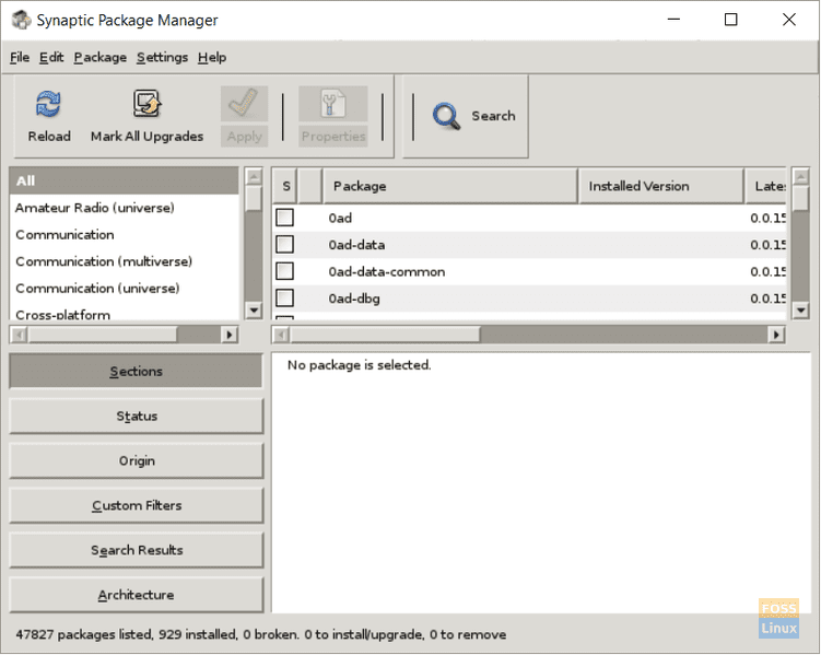 Synaptic Package Manager running on WSL
