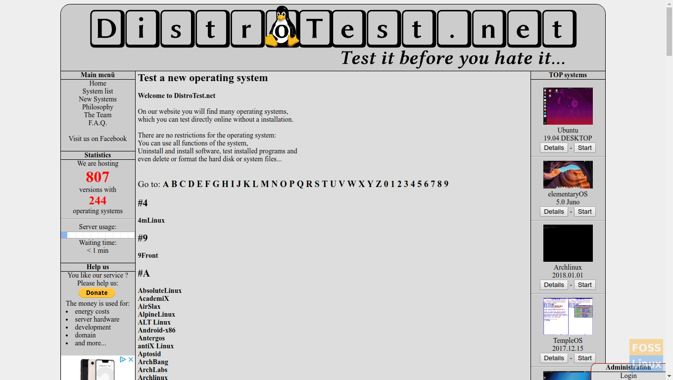 The DistroTest.net homepage is simple and to the point.