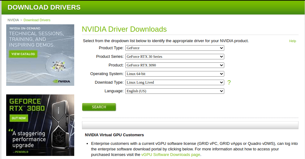NVIDIA Drivers Download With Search Criterion