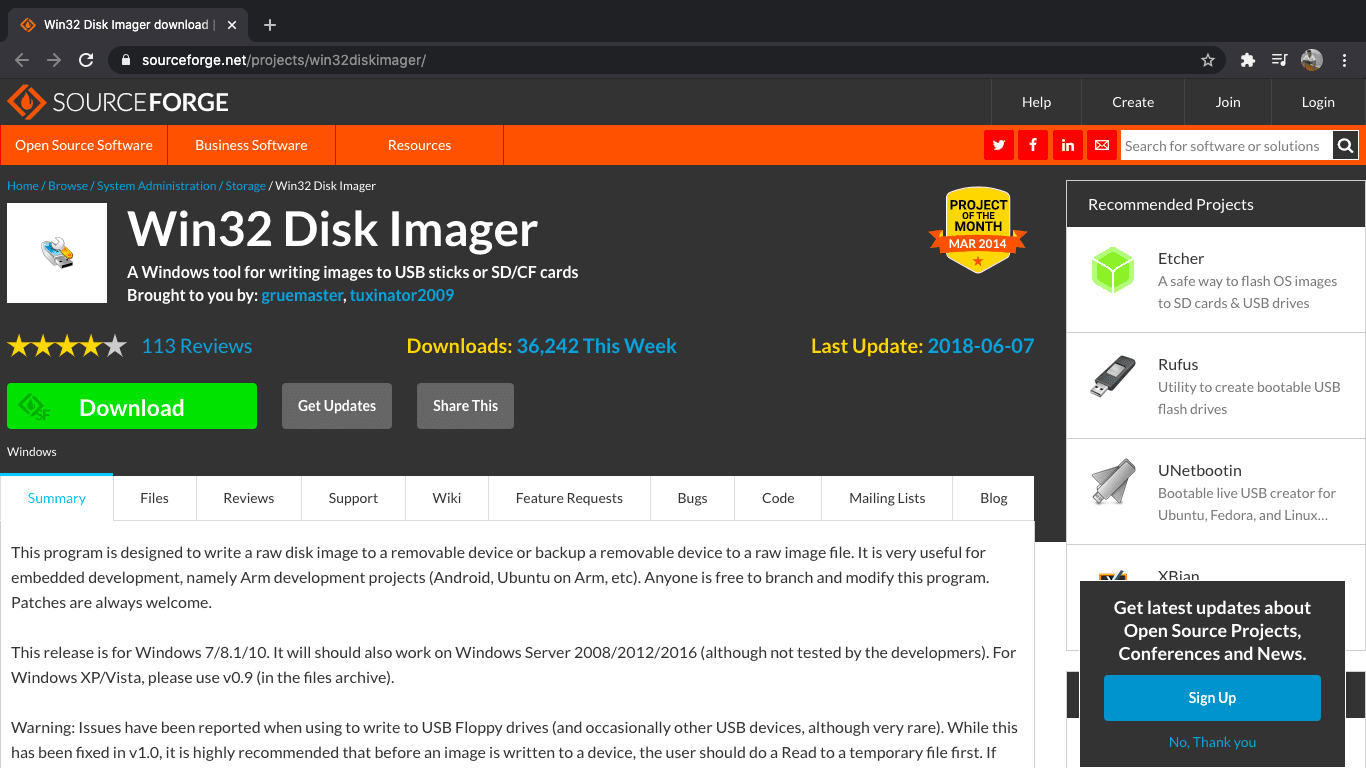 Win32diskimager download page