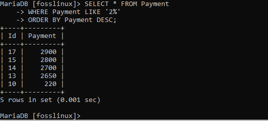 sorting payment table in descending order using the DESC statement