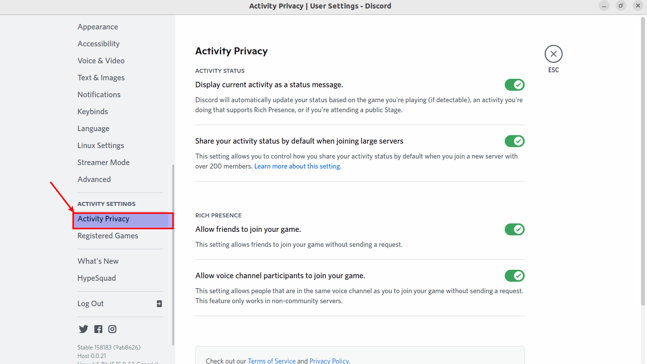 click on activity privacy