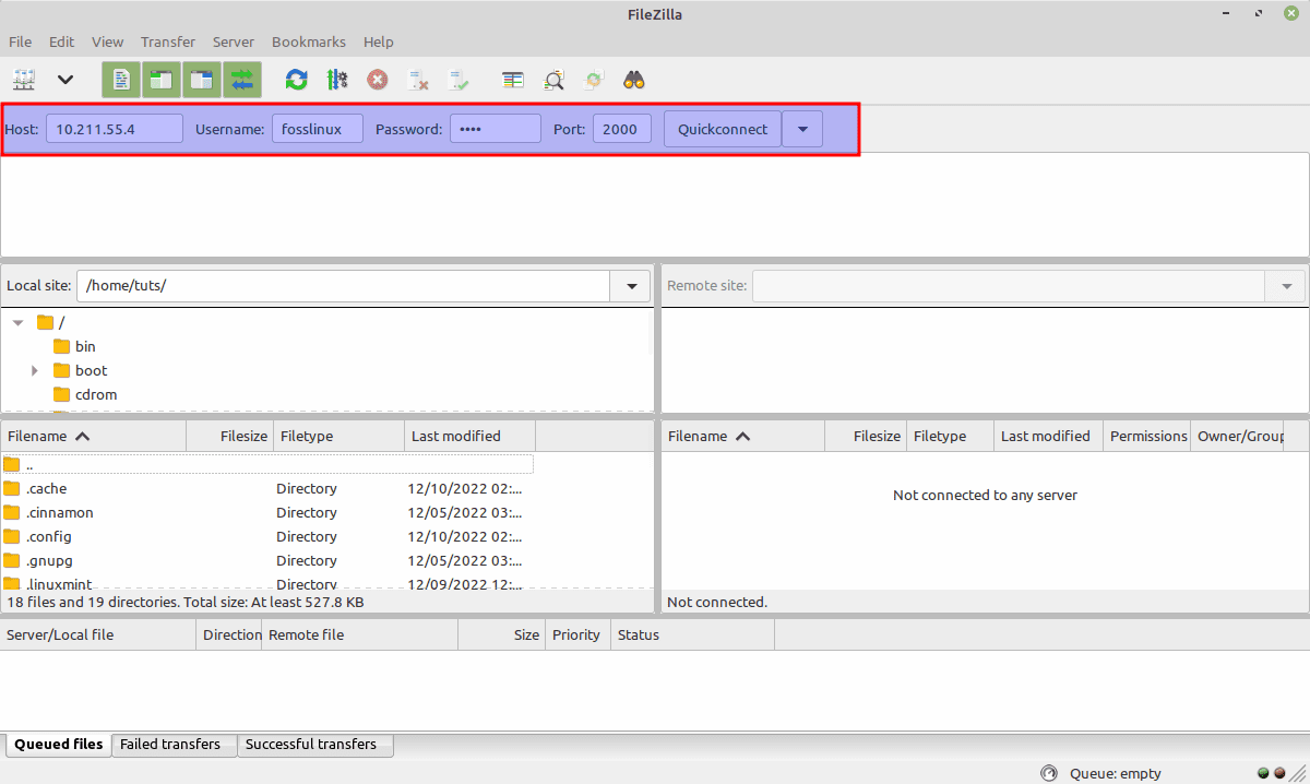 enter host details and quickconnect